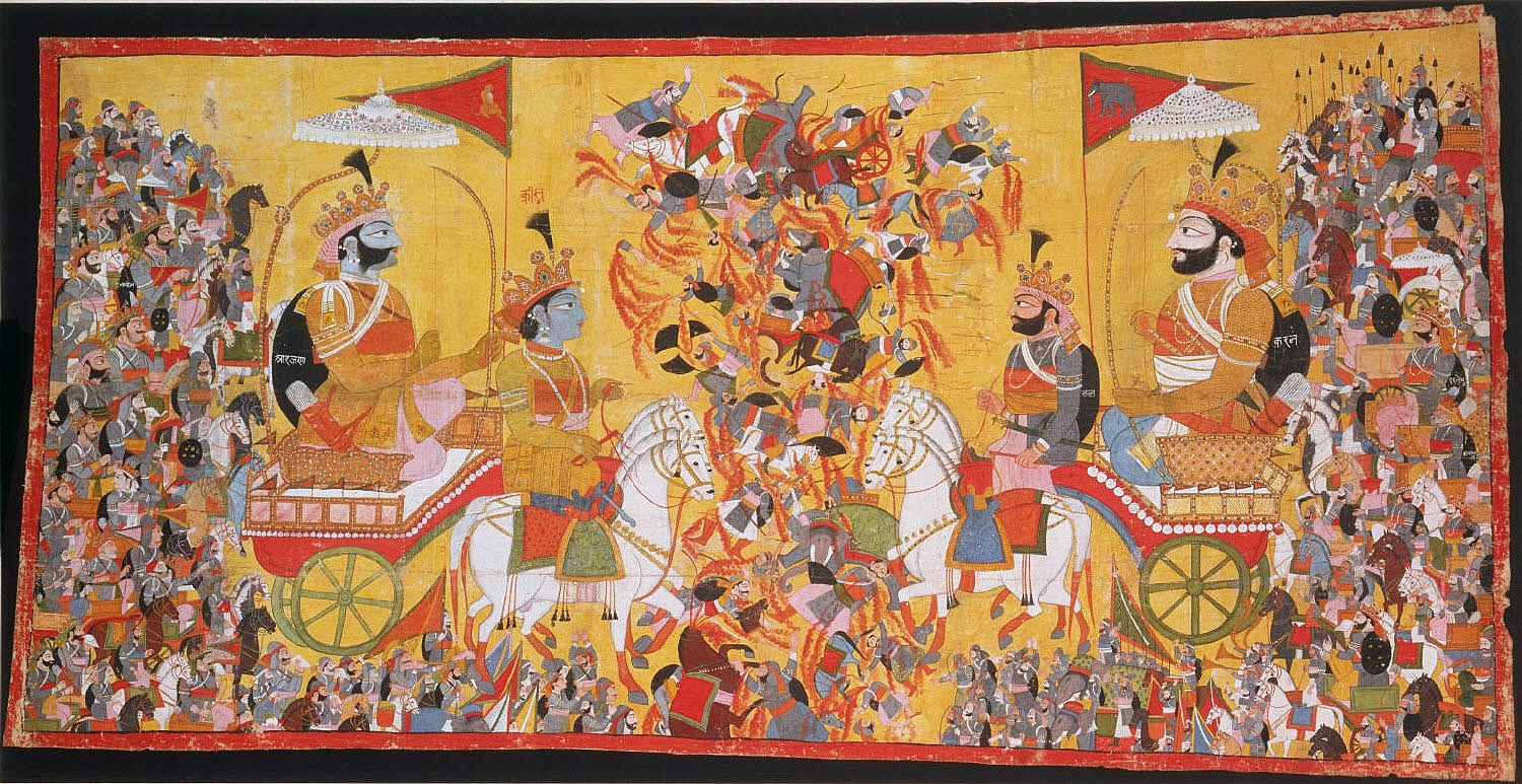 Arjuna, personificación del Kshatriya y el líder de los Panduids, eligió tener a Krishna a su lado, quien luego se convirtió en el auriga (el líder) de su carro de guerra.