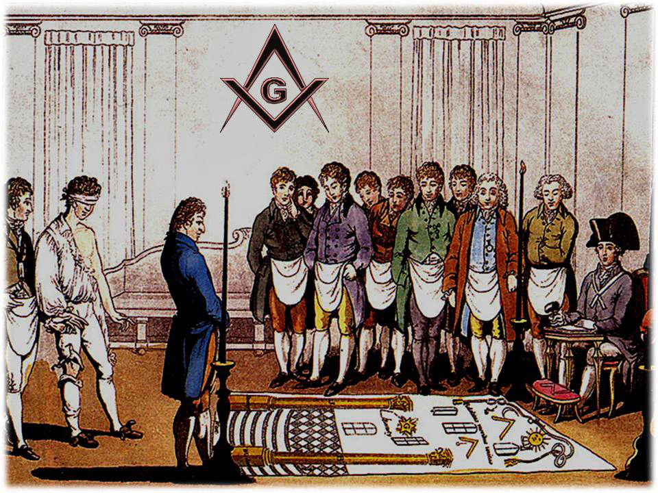 Representación de una ceremonia masónica en el siglo XVIII. Se trata de un ritual de iniciación, en grado de Aprendiz. El iniciado se encuentra con los ojos vendados por «un estado de ignorancia».