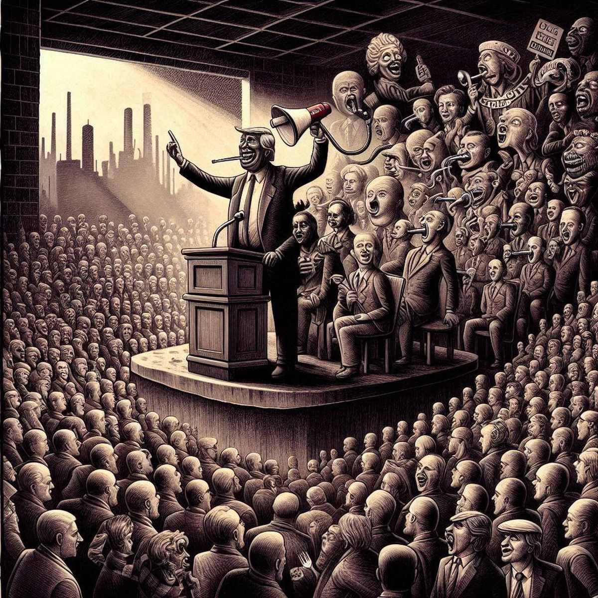La política combina eficazmente la «cultura del espectáculo» como soporte necesario del simulacro que representa. De ahí todos los actos ritualizados asociados al proceso electoral como los mítines u otros actos de proselitismo.