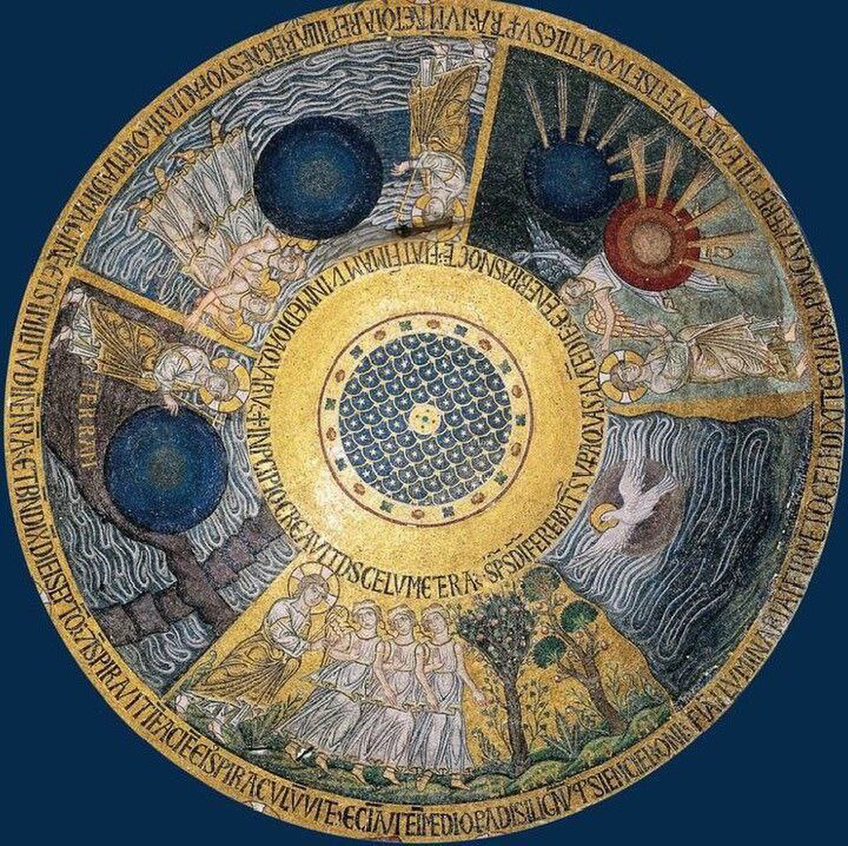 Una representación medieval del mosaico de la Creación que adorna la cúpula del Baptisterio de San Juan en Florencia (siglo XIII), tal y como lo entendía la escolástica y la mística neoplatónica, desde un orden jerárquico y simbólico particular.