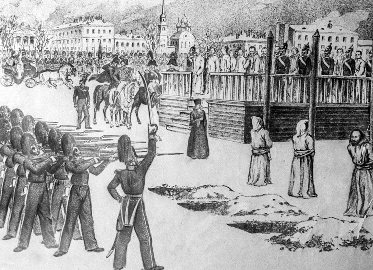 Los miembros del Círculo de Petrashevsky sometidos a un «ritual de ejecución», un ejemplo de ejecución simulada. San Petersburgo, Plaza Semiónov, 1849. Dibujo de B. Pokrovsky.