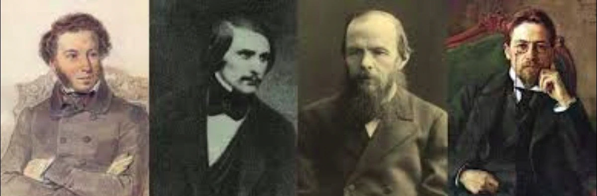 De izquierda a derecha: Aleksandr Pushkin, Nikolái Gógol, Fiódor Dostoyevski y Antón Chejov respectivamente.