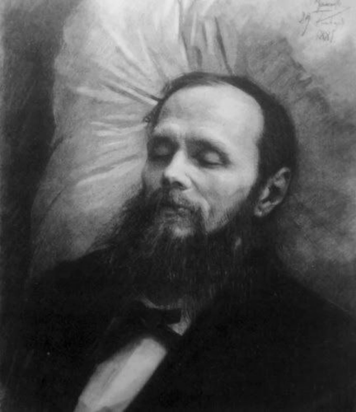 Dostoyevski en su lecho de muerte, dibujado por Iván Kramskói, 29 de enero de 1881.