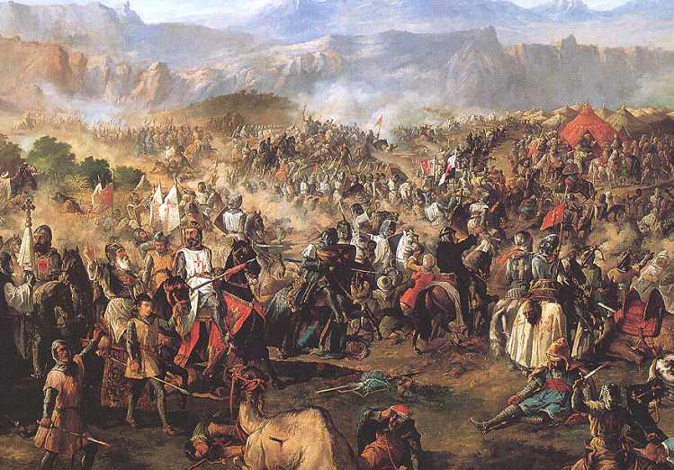 Imagen pictórica que representa la Batalla de las Navas de Tolosa, librada un 16 de julio de 1212, una victoria clave contra el invasor sarraceno en la que participaron los ejércitos cristianos e hispánicos liderados por Alfonso VIII de Castilla, Pedro II de Aragón y Sancho VII de Navarra.