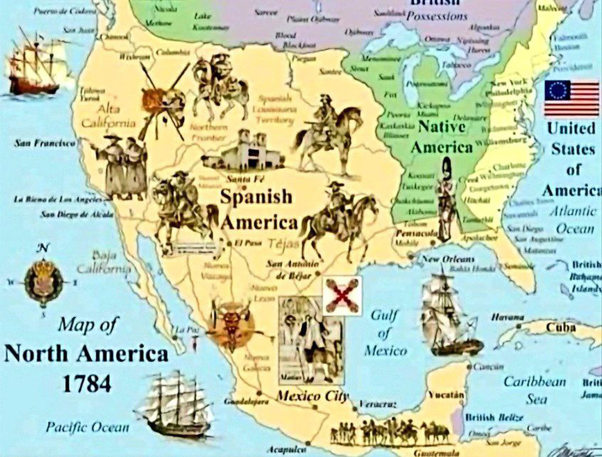 Mapa de Norteamérica en 1784 en el que se muestra la hegemonía hispánica y la expansión española, que no solo abarcó Centroamérica y Sudamérica en su momento más álgido.
