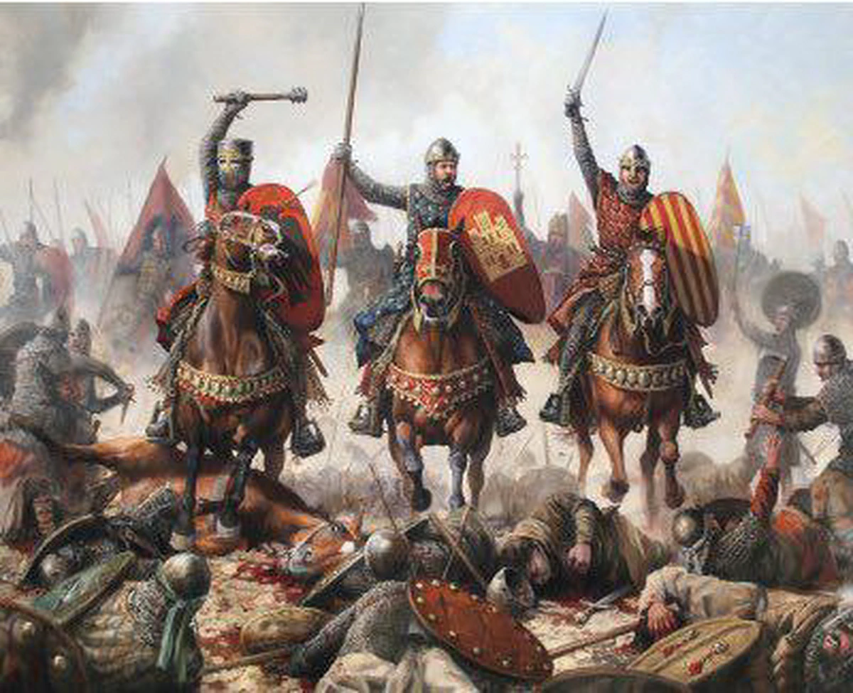 Imagen pictórica que representa la Batalla de las Navas de Tolosa, librada un 16 de julio de 1212, una victoria clave contra el invasor sarraceno en la que participaron los ejércitos cristianos e hispánicos liderados por Alfonso VIII de Castilla, Pedro II de Aragón y Sancho VII de Navarra.