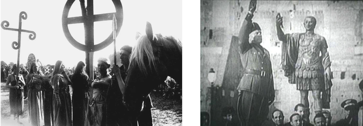 En el régimen nacionalsocialista, como en el fascismo italiano, fueron recurrentes los actos, parafernalias y escenografías que trataban de conectar con los antiguos mitos germánicos o el pasado imperial romano.