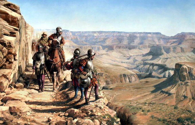 Españoles, como los primeros europeos en contemplar el Cañón del Colorado en Norteamérica. Cuadro de Augusto Ferrer-Dalmau.