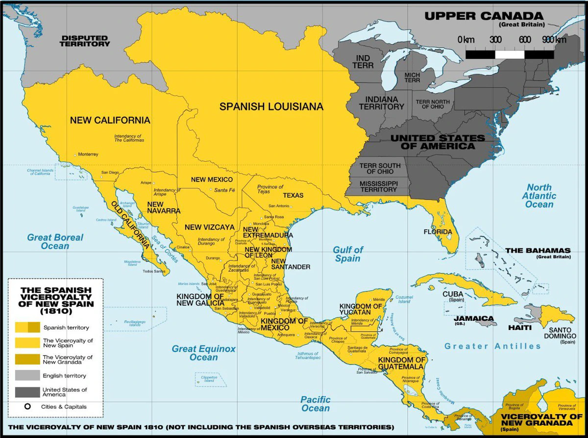 Mapa que refleja la extensión del Virreinato de la Nueva España en 1810, en el que se incluía buena parte del actual territorio del centro-oeste de los actuales Estados Unidos.