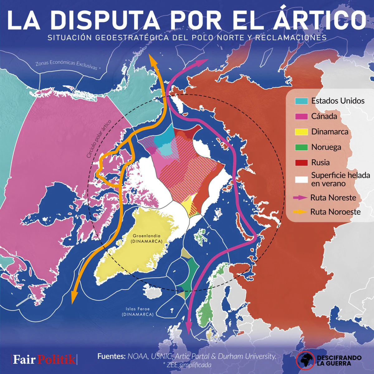 Mapa que ilustra las disputas geopolíticas en el Ártico.