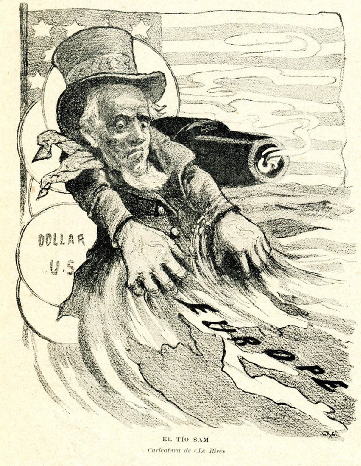 Caricatura de finales del siglo XIX, en plena guerra hispano-estadounidense, probablemente publicada en una revista satírica de habla hispana. En ella se refleja el carácter destructivo y predatorio del Imperialismo norteamericano.