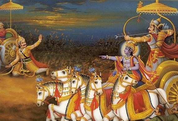 Krishna diciéndole a Arjuna: «¡A por ellos!»