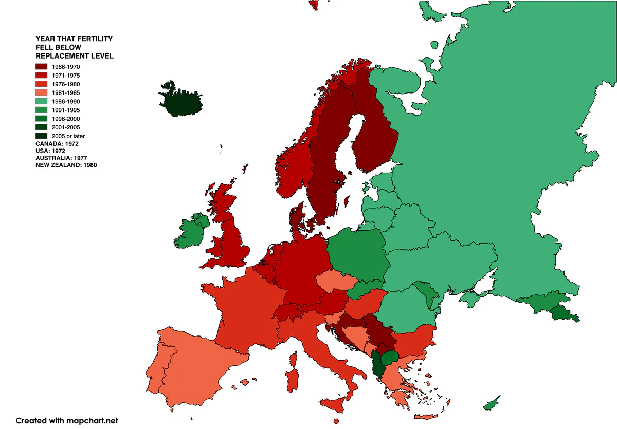 Mapa que ilustra la debacle demográfica europea a escala continental.