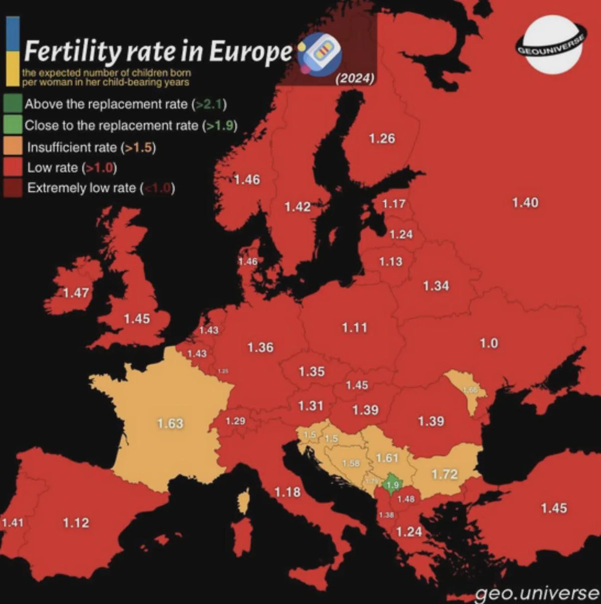 Mapa que ilustra la debacle demográfica europea a escala continental.