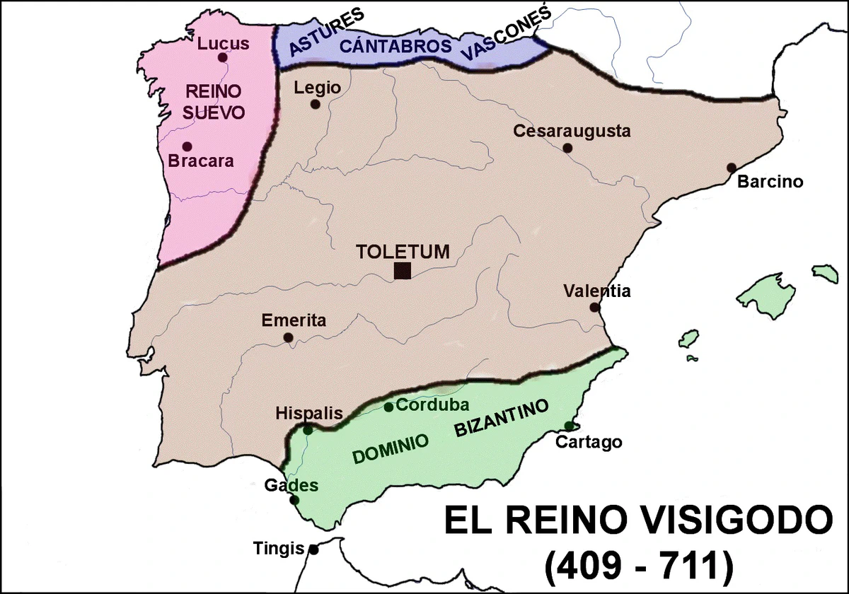 El mapa muestra la distribución territorial de la península ibérica durante el período del Reino Visigodo (409-711 d.C.). Se destacan los dominios visigodos, con Toledo como capital, y las principales ciudades como Emerita, Hispalis, y Cesaraugusta. También se señala la presencia del dominio bizantino en el sureste (Cartago y Córdoba) y la región ocupada por los suevos en el noroeste (Bracara y Lucus). Las áreas de los astures, cántabros y vascones aparecen al norte como zonas independientes.